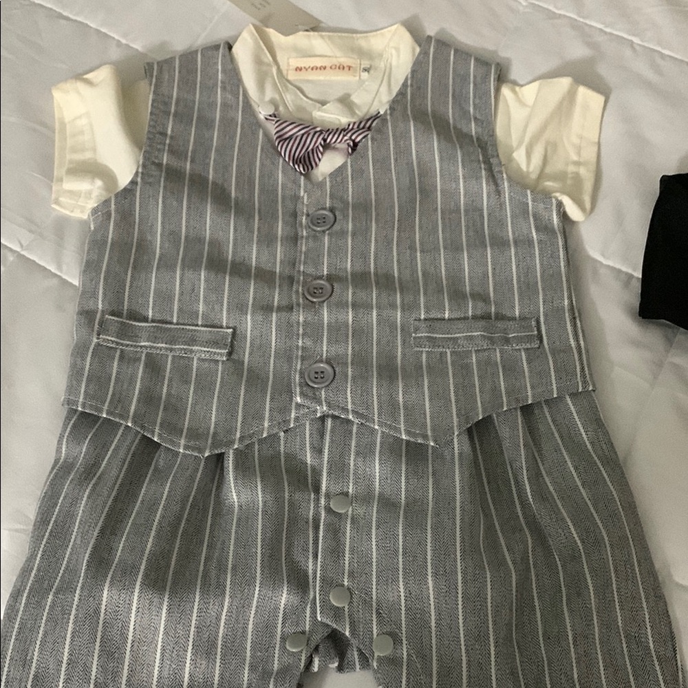 Gray Striped Baby Suit with Bow Tie